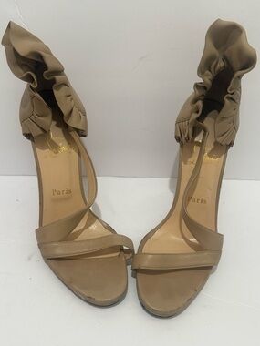 Christian Louboutin Taupe Ruffle Ankle-Strap Sandals